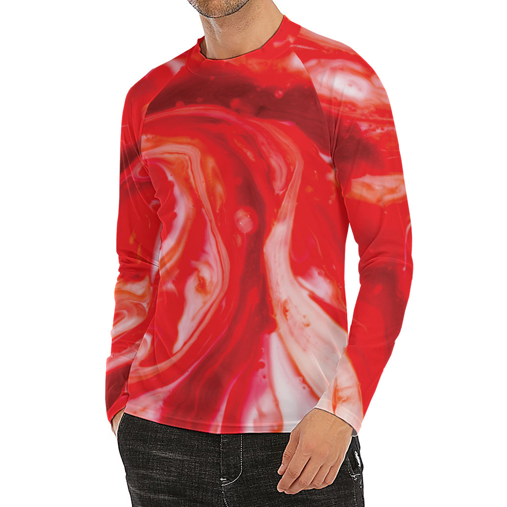 Red Acid Melt Print Men's Long Sleeve Rash Guard