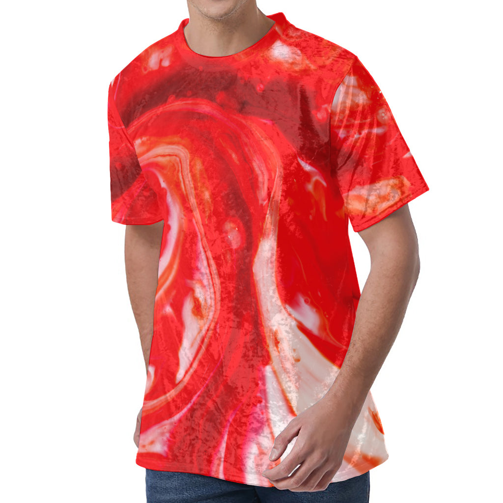 Red Acid Melt Print Men's Velvet T-Shirt