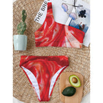 Red Acid Melt Print One Shoulder Bikini Top