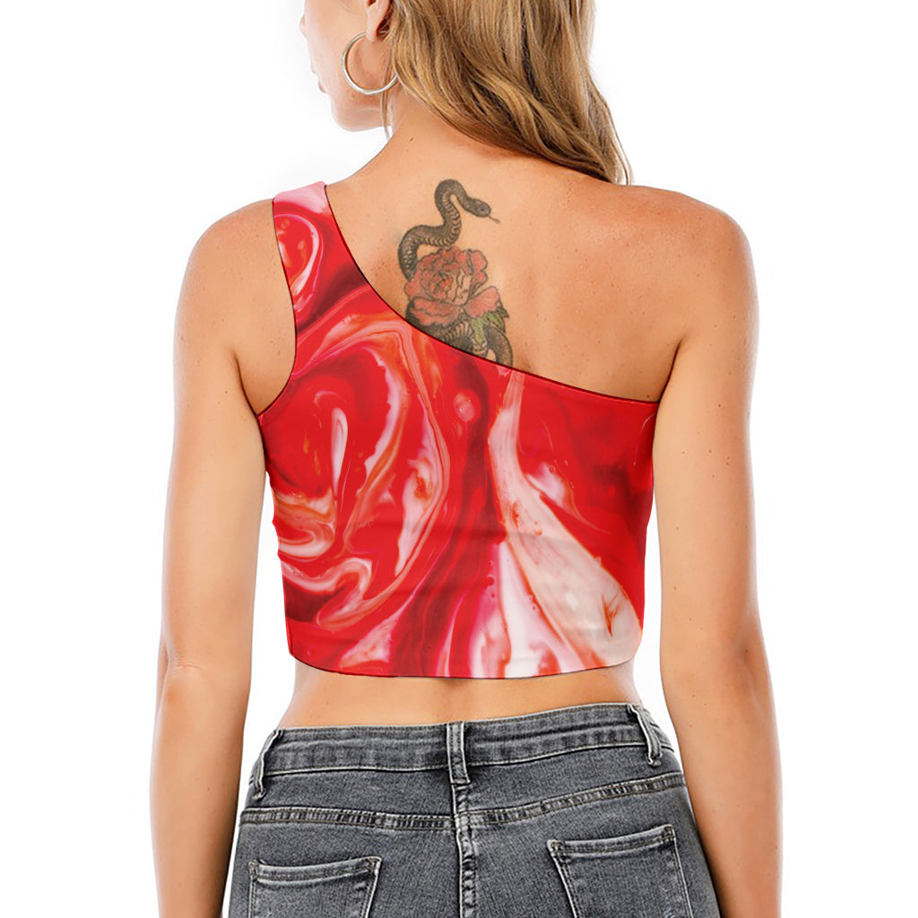 Red Acid Melt Print One Shoulder Crop Top