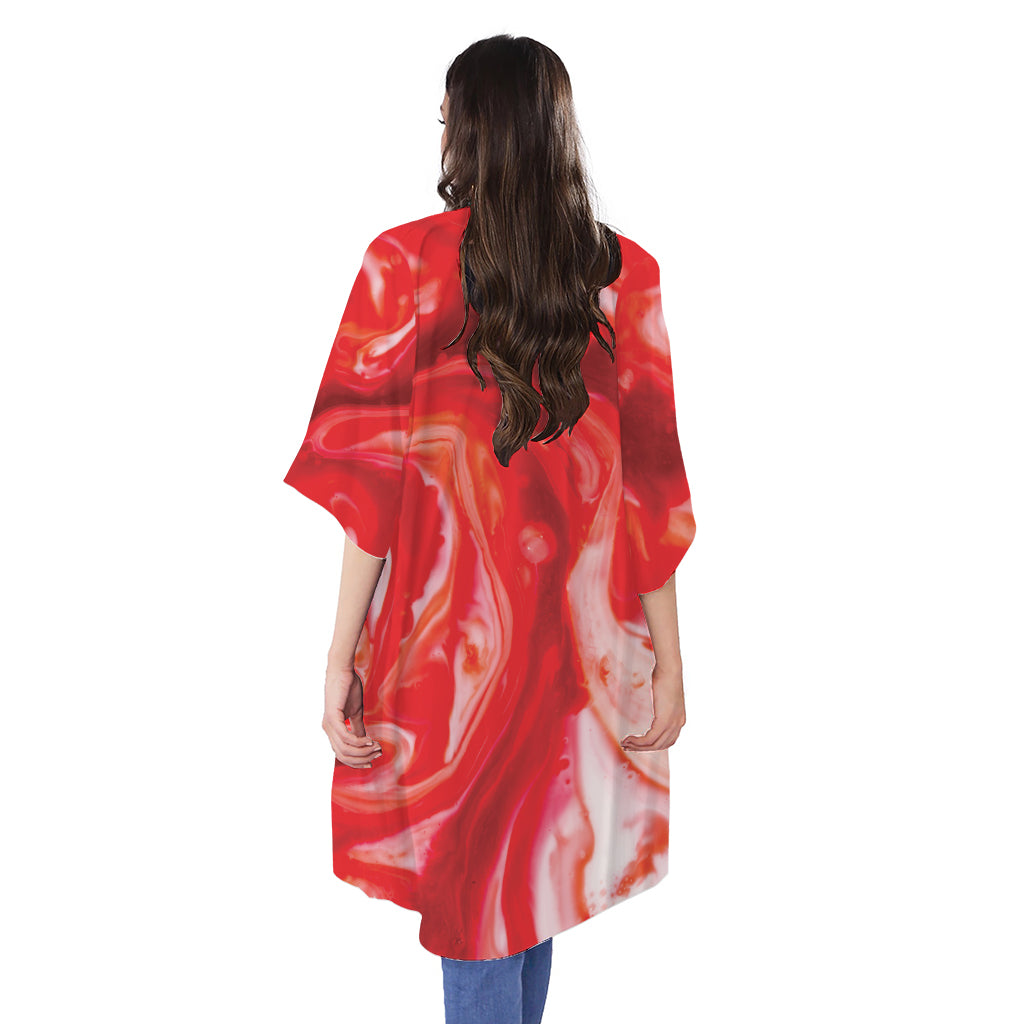 Red Acid Melt Print Open Front Beach Cover Up