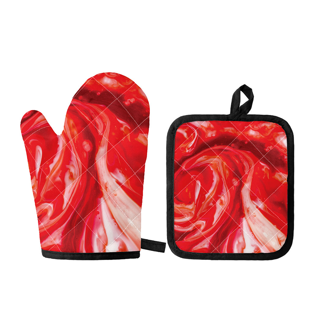 Red Acid Melt Print Oven Mitt And Pot Holder Set