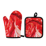 Red Acid Melt Print Oven Mitt And Pot Holder Set