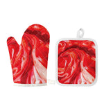 Red Acid Melt Print Oven Mitt And Pot Holder Set