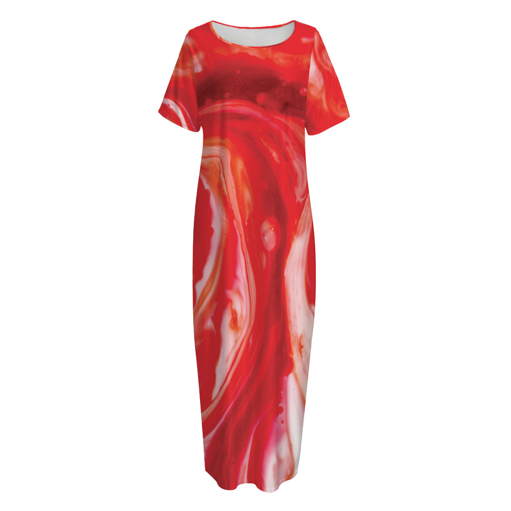 Red Acid Melt Print Short Sleeve Long Nightdress