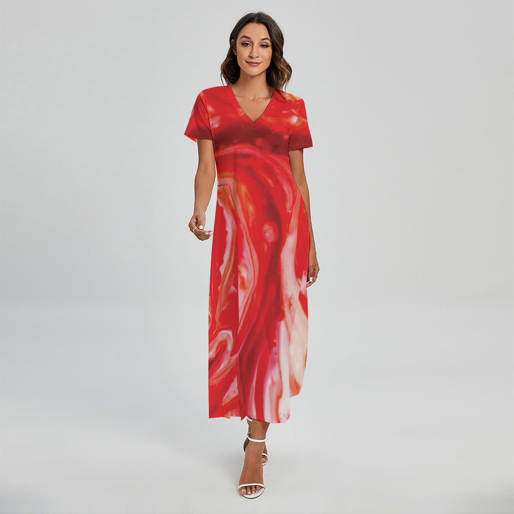 Red Acid Melt Print Short Sleeve Maxi Dress