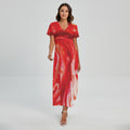 Red Acid Melt Print Short Sleeve Maxi Dress