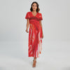 Red Acid Melt Print Short Sleeve Maxi Dress