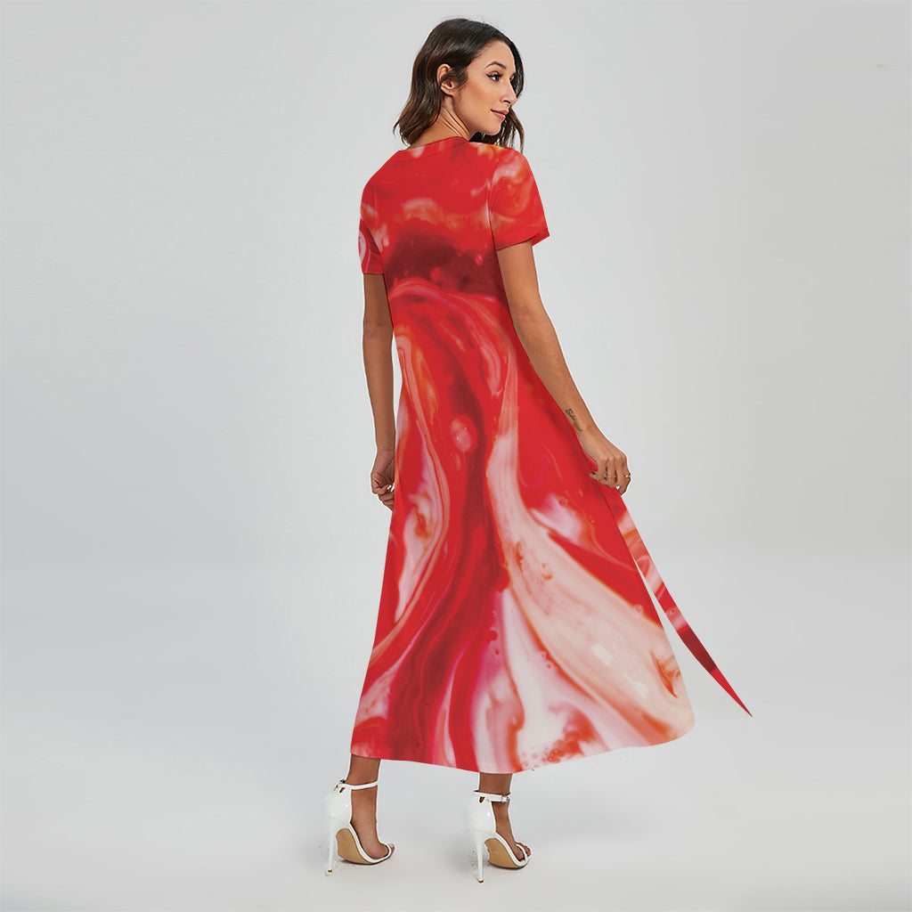 Red Acid Melt Print Short Sleeve Maxi Dress