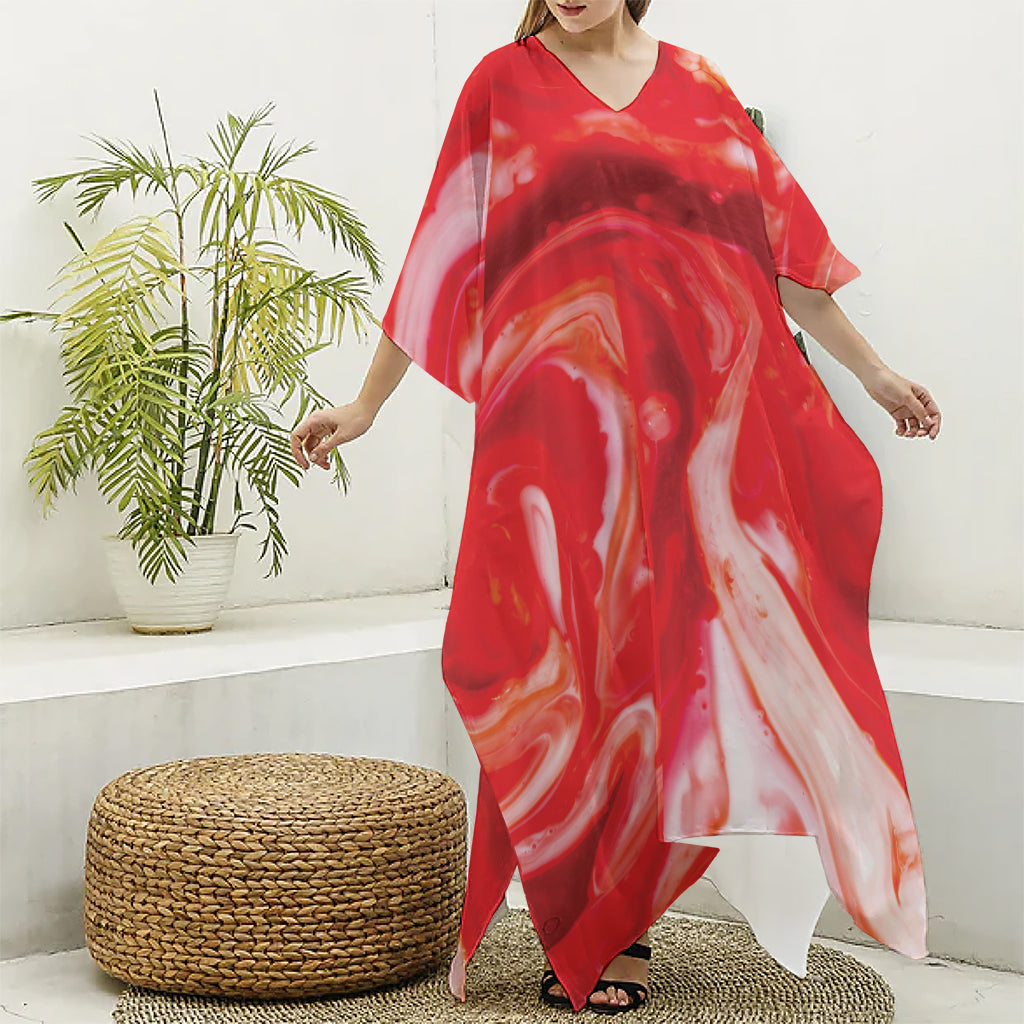 Red Acid Melt Print Silk V-Neck Kaftan Dress