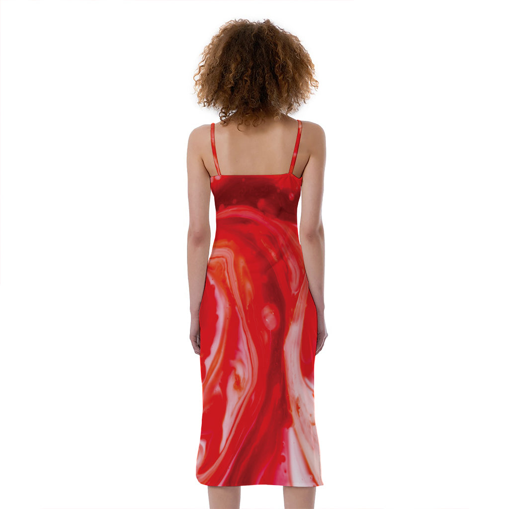 Red Acid Melt Print Slim Fit Midi Cami Dress