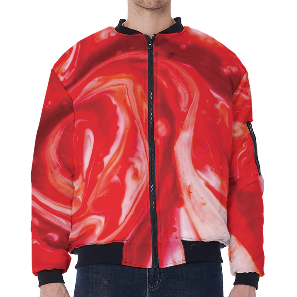 Red Acid Melt Print Zip Sleeve Bomber Jacket