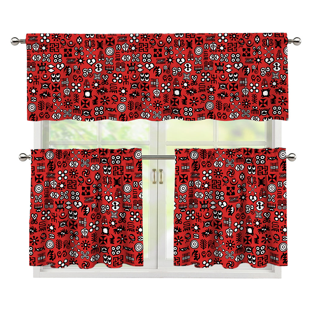 Red Adinkra Tribe Symbols Print 3 Piece Kitchen Curtains
