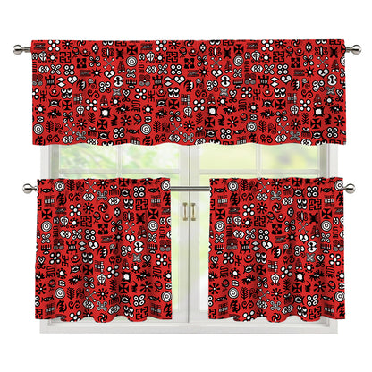 Red Adinkra Tribe Symbols Print 3 Piece Kitchen Curtains
