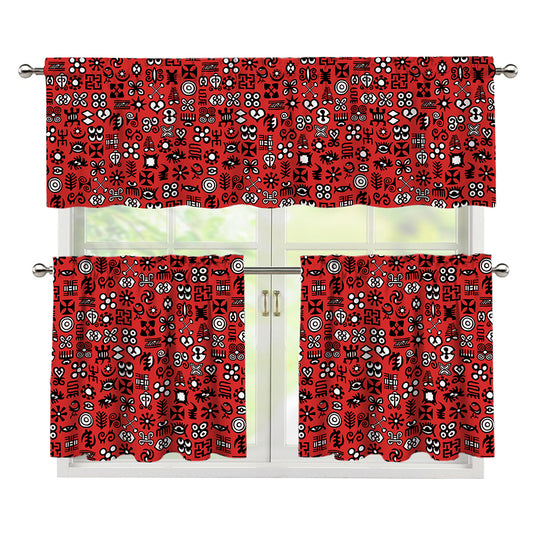 Red Adinkra Tribe Symbols Print 3 Piece Kitchen Curtains