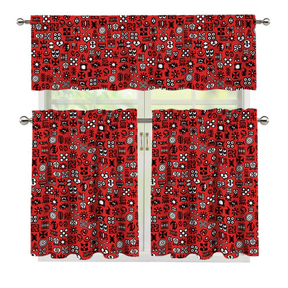 Red Adinkra Tribe Symbols Print 3 Piece Kitchen Curtains