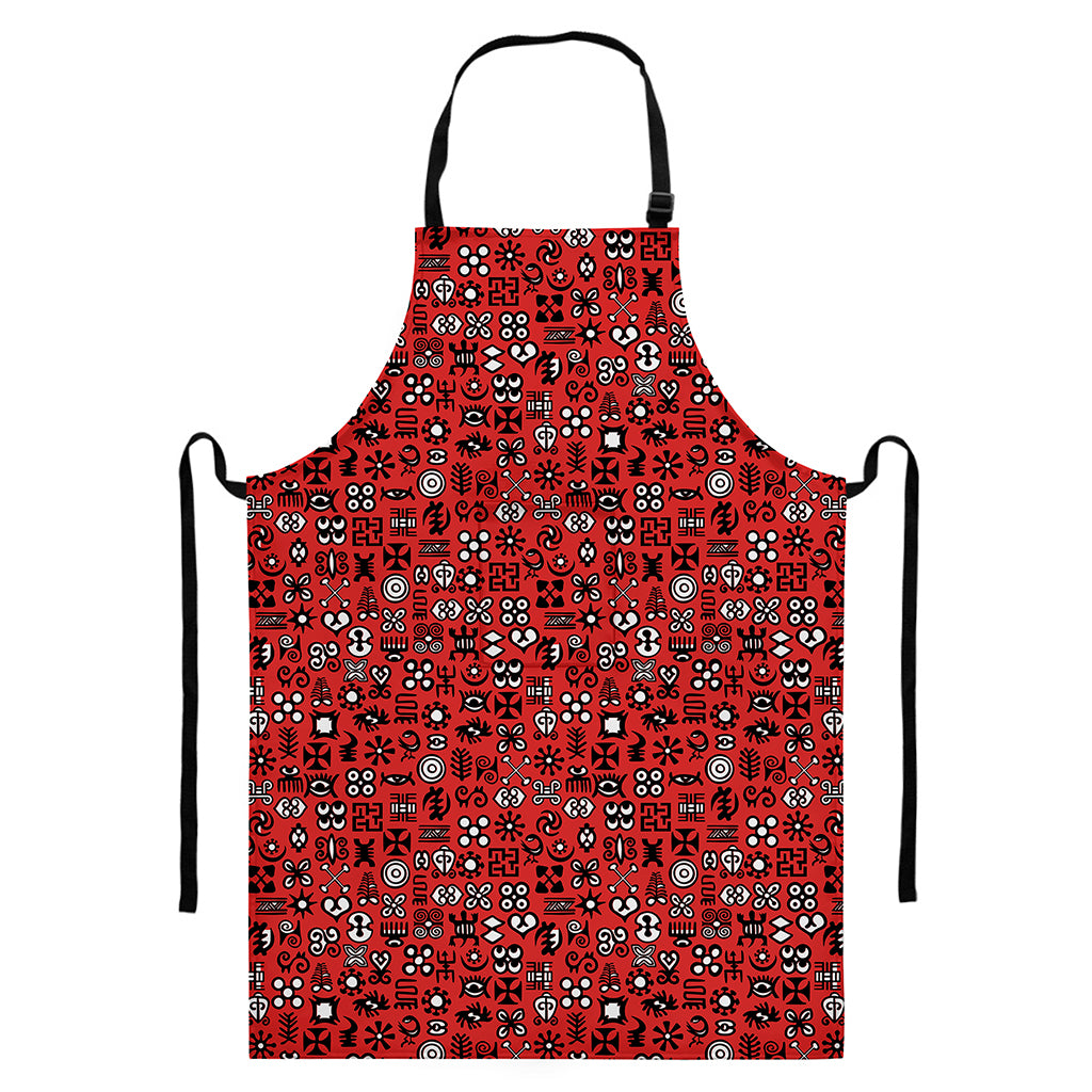 Red Adinkra Tribe Symbols Print Bib Apron With Pocket