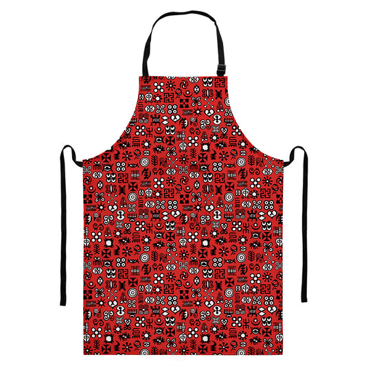 Red Adinkra Tribe Symbols Print Bib Apron With Pocket