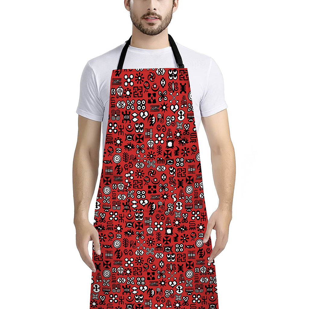 Red Adinkra Tribe Symbols Print Bib Apron With Pocket