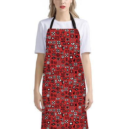 Red Adinkra Tribe Symbols Print Bib Apron With Pocket