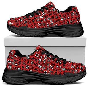 Red Adinkra Tribe Symbols Print Black Chunky Shoes