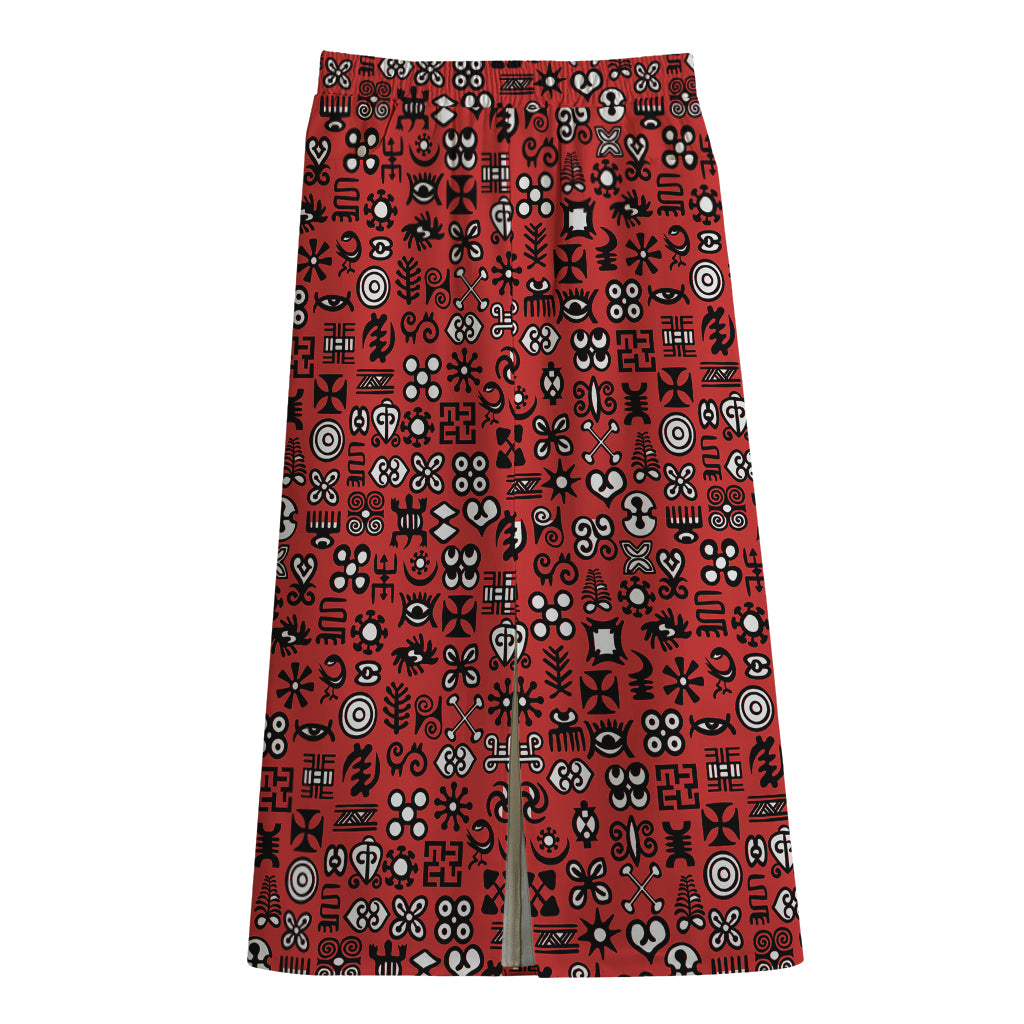 Red Adinkra Tribe Symbols Print Cotton Front Slit Maxi Skirt