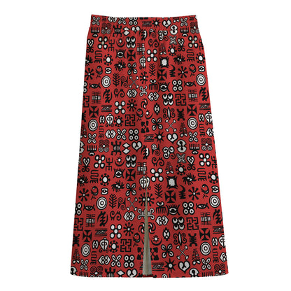 Red Adinkra Tribe Symbols Print Cotton Front Slit Maxi Skirt
