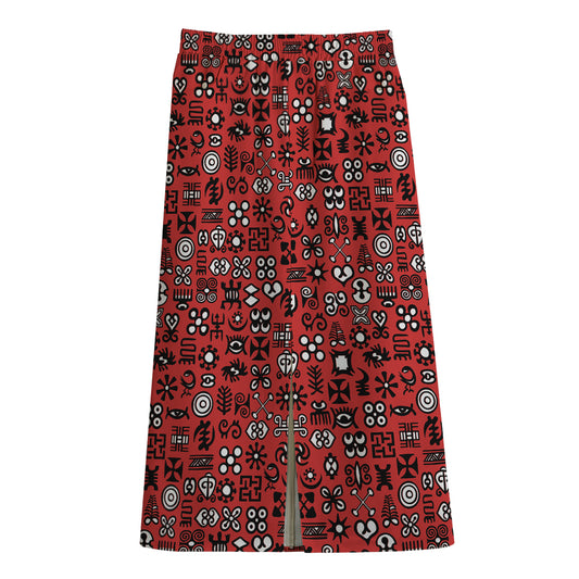 Red Adinkra Tribe Symbols Print Cotton Front Slit Maxi Skirt