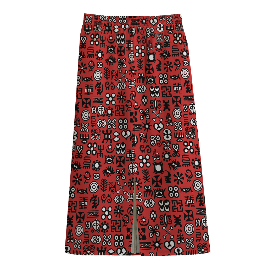 Red Adinkra Tribe Symbols Print Cotton Front Slit Maxi Skirt