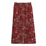 Red Adinkra Tribe Symbols Print Cotton Front Slit Maxi Skirt