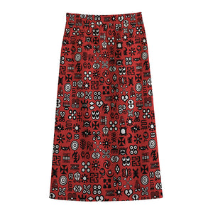 Red Adinkra Tribe Symbols Print Cotton Front Slit Maxi Skirt