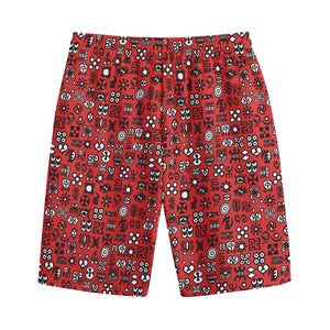 Red Adinkra Tribe Symbols Print Cotton Shorts