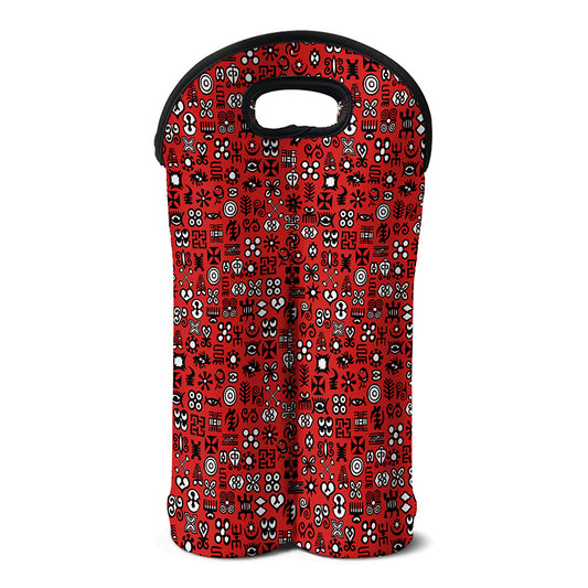Red Adinkra Tribe Symbols Print Double Neoprene Wine Tote