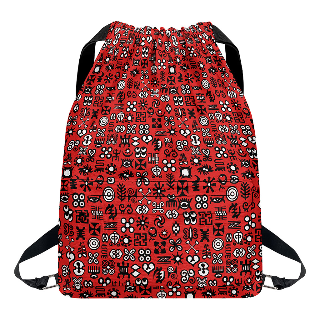 Red Adinkra Tribe Symbols Print Drawstring Backpack
