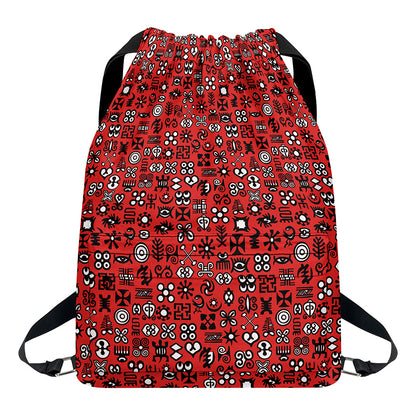 Red Adinkra Tribe Symbols Print Drawstring Backpack