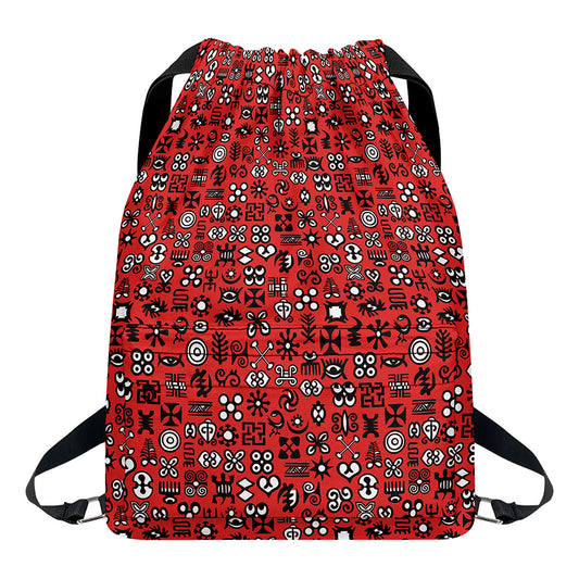 Red Adinkra Tribe Symbols Print Drawstring Backpack