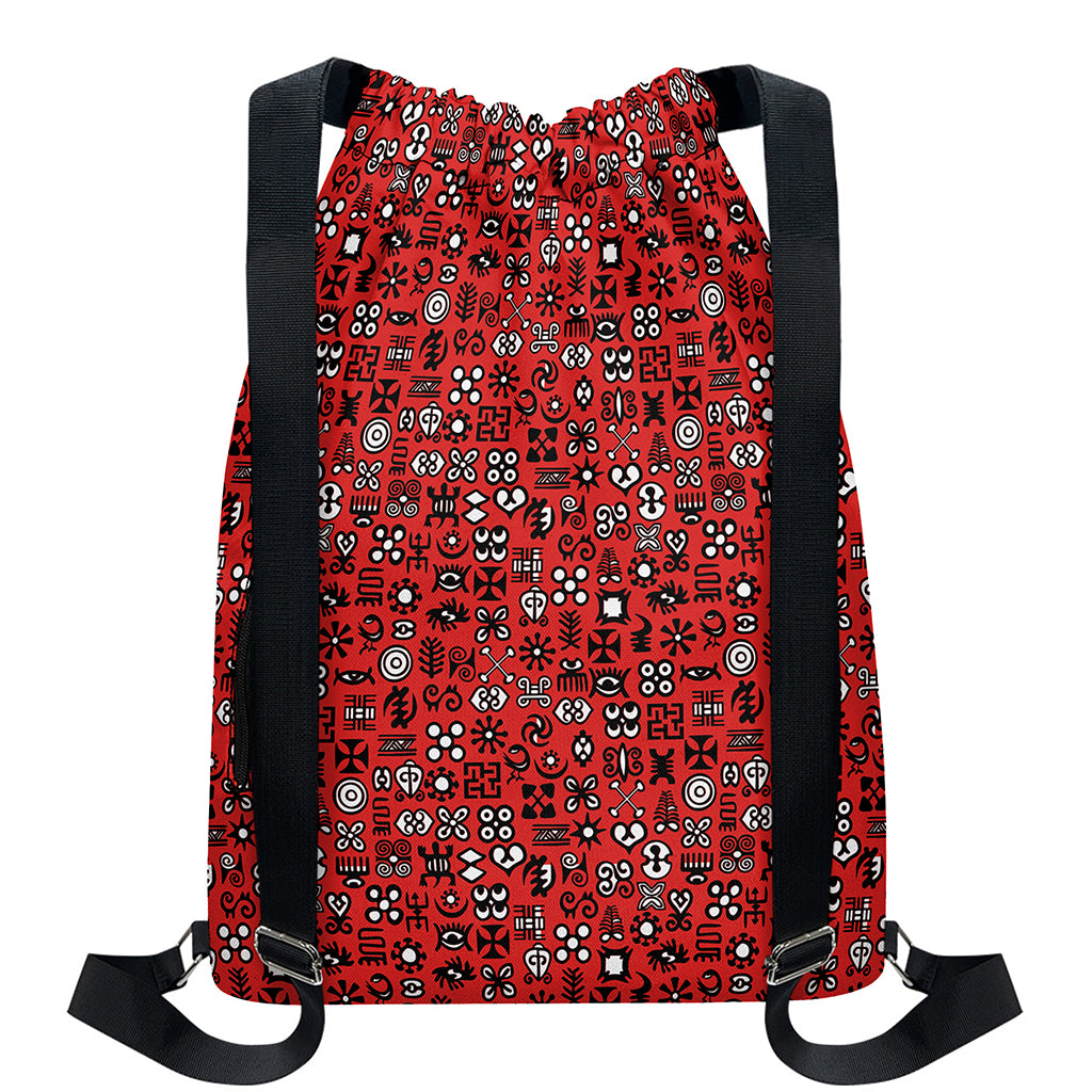 Red Adinkra Tribe Symbols Print Drawstring Backpack