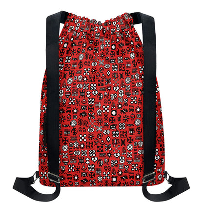 Red Adinkra Tribe Symbols Print Drawstring Backpack
