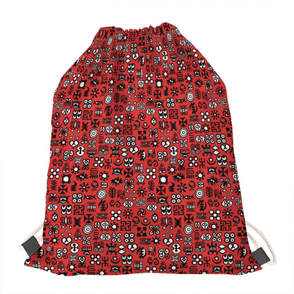 Red Adinkra Tribe Symbols Print Drawstring Bag