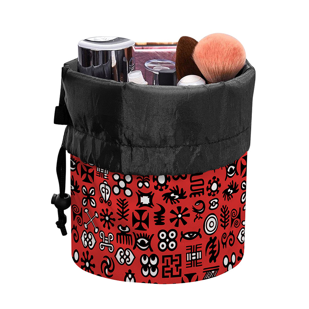 Red Adinkra Tribe Symbols Print Drawstring Makeup Bag