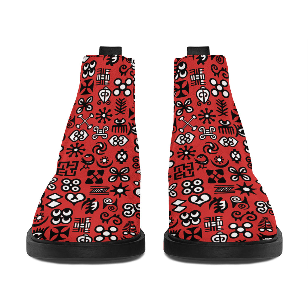 Red Adinkra Tribe Symbols Print Flat Ankle Boots