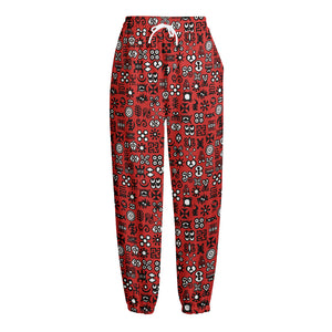 Red Adinkra Tribe Symbols Print Fleece Lined Knit Pants