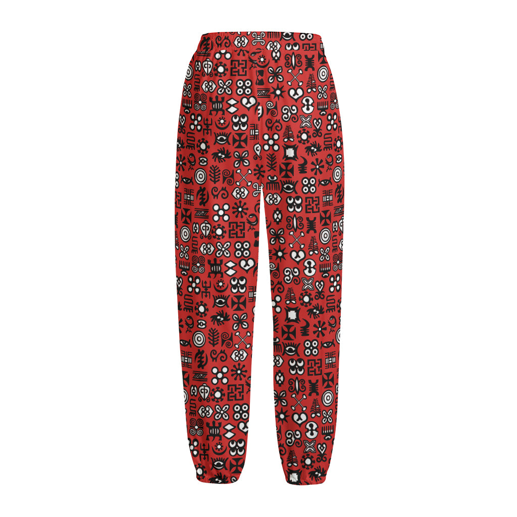 Red Adinkra Tribe Symbols Print Fleece Lined Knit Pants