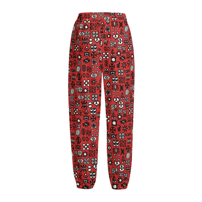 Red Adinkra Tribe Symbols Print Fleece Lined Knit Pants