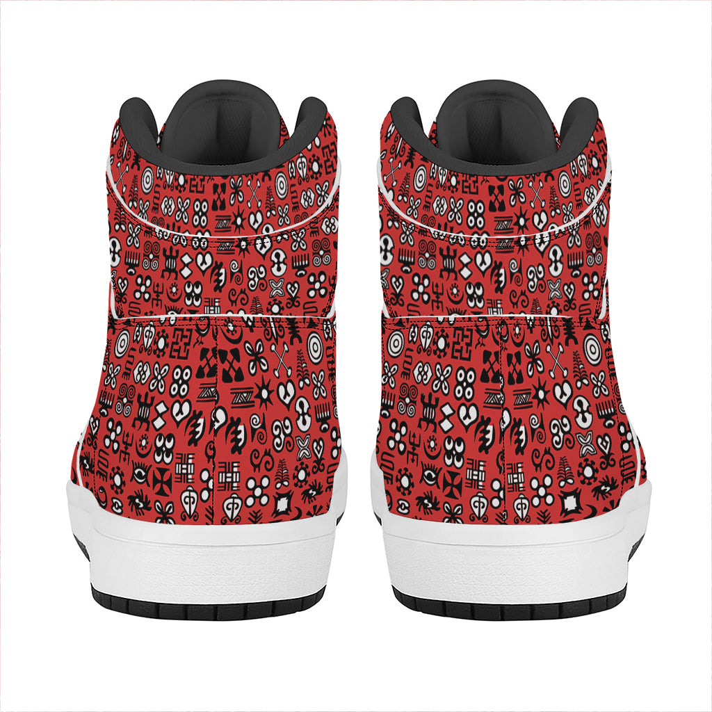 Red Adinkra Tribe Symbols Print High Top Leather Sneakers