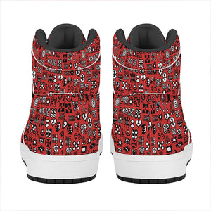 Red Adinkra Tribe Symbols Print High Top Leather Sneakers