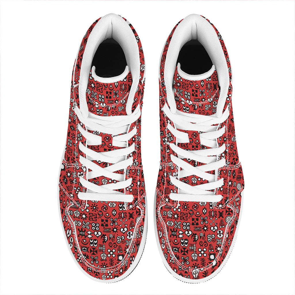 Red Adinkra Tribe Symbols Print High Top Leather Sneakers