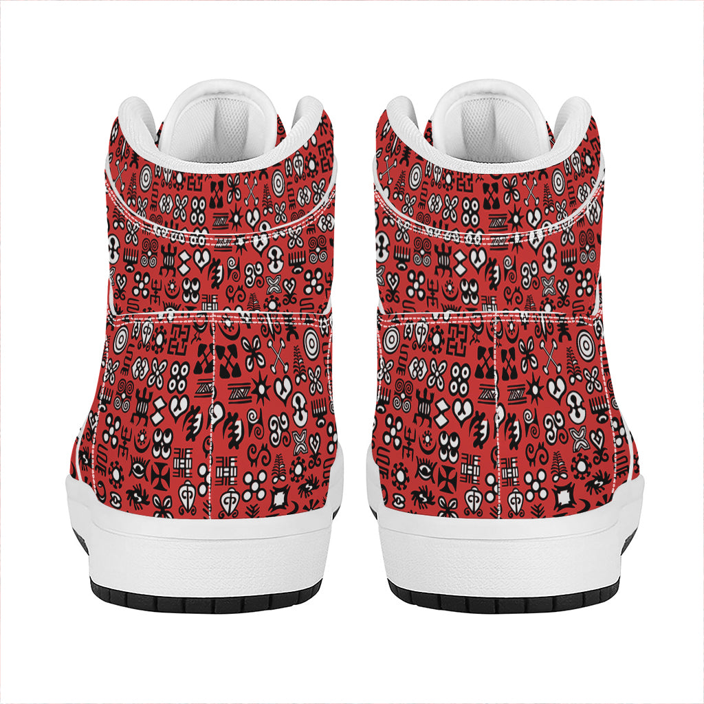 Red Adinkra Tribe Symbols Print High Top Leather Sneakers