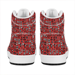 Red Adinkra Tribe Symbols Print High Top Leather Sneakers