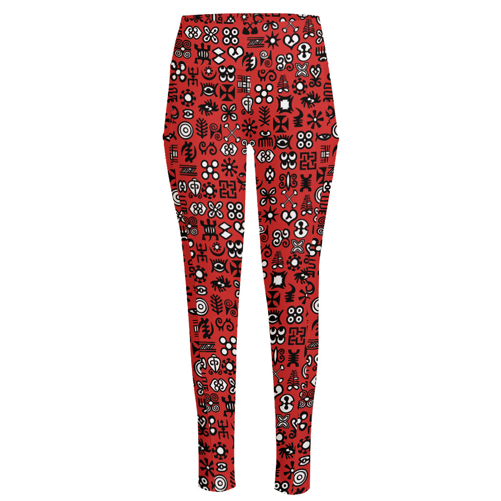 Red Adinkra Tribe Symbols Print High-Waisted Pocket Leggings